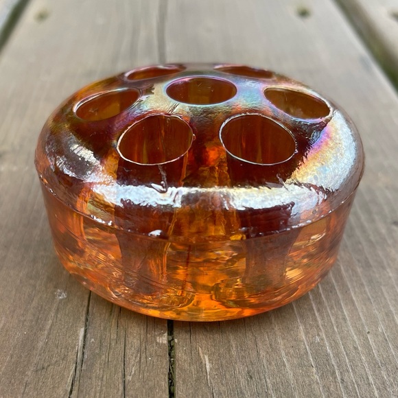 Vintage Iridescent Marigold Carnival Glass Flower Frog Floral Arranger - Picture 9 of 14